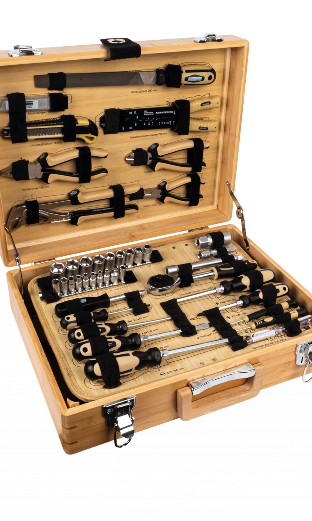 حقيبة أدوات من الخيزران ، مجهزة ، 108 قطعة.