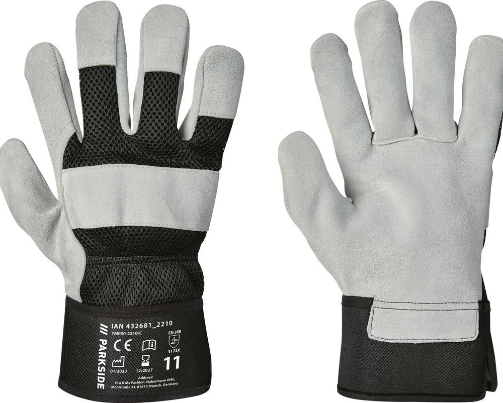 قفازات عمل بارك سايد® موديل D H ، أفضل جودة ، جلد ، أسود / رمادي فاتح ، مقاس 11 ، سوار مقوى للورشة والمنزل والحديقة.