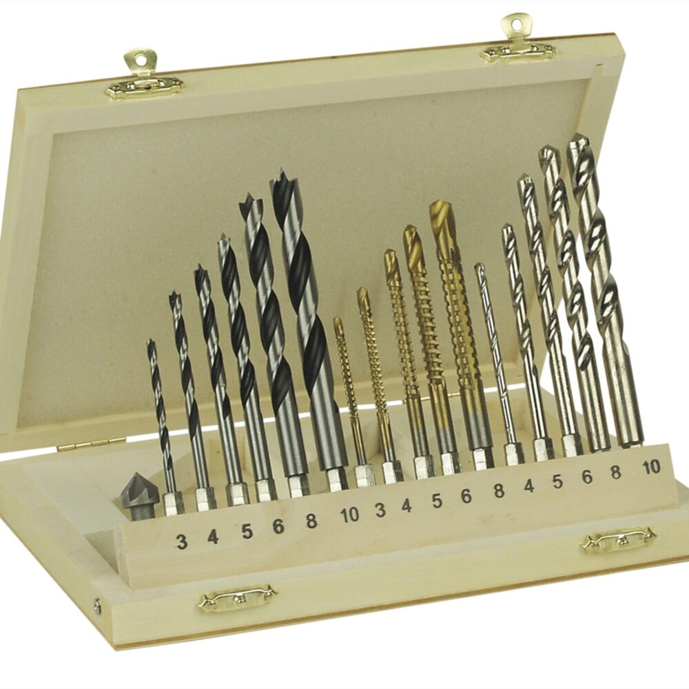 طقم ثقب كومبي ، 17 قطعة. في صندوق خشبي