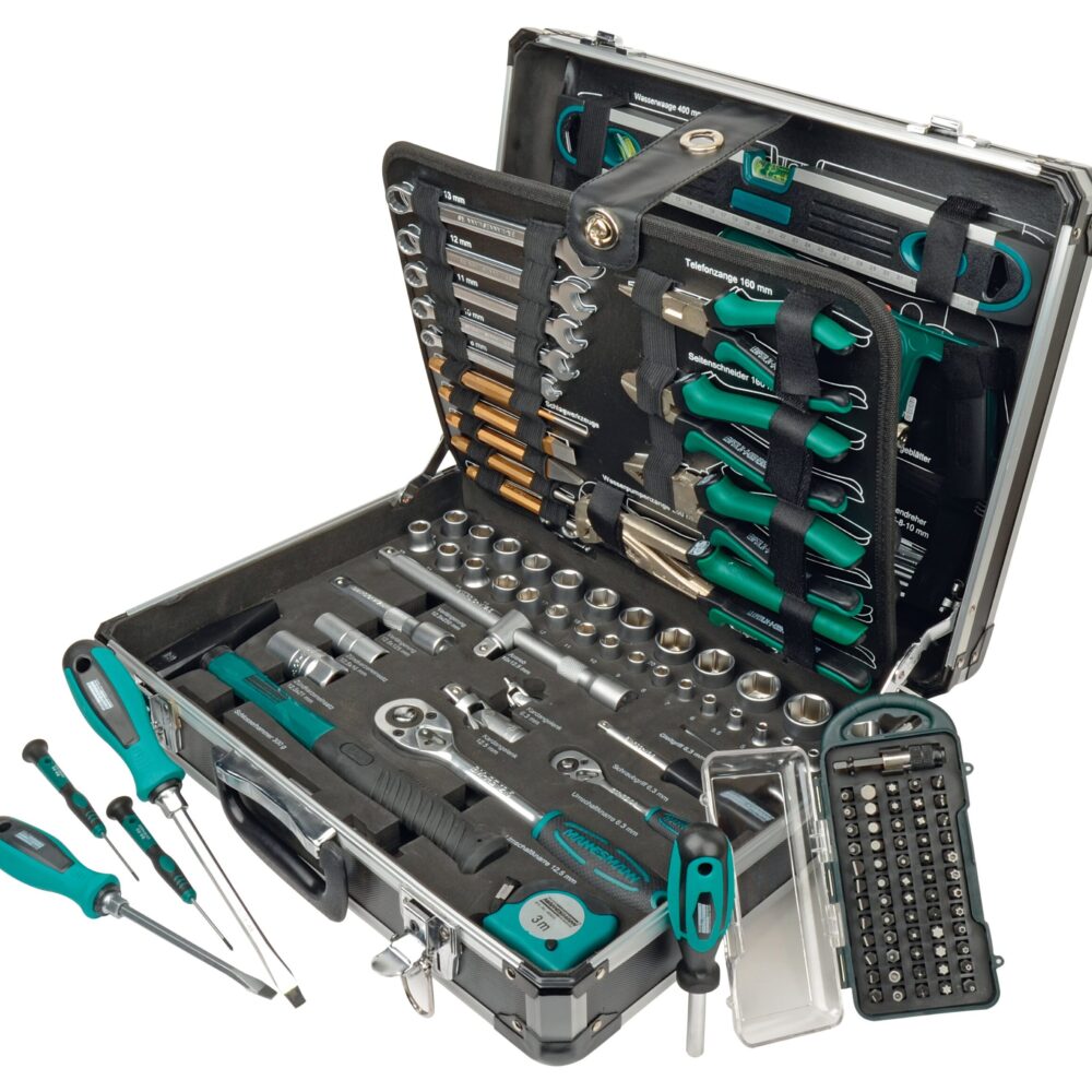 علبة أدوات من الألومنيوم ، مجهزة ، 160 قطعة.