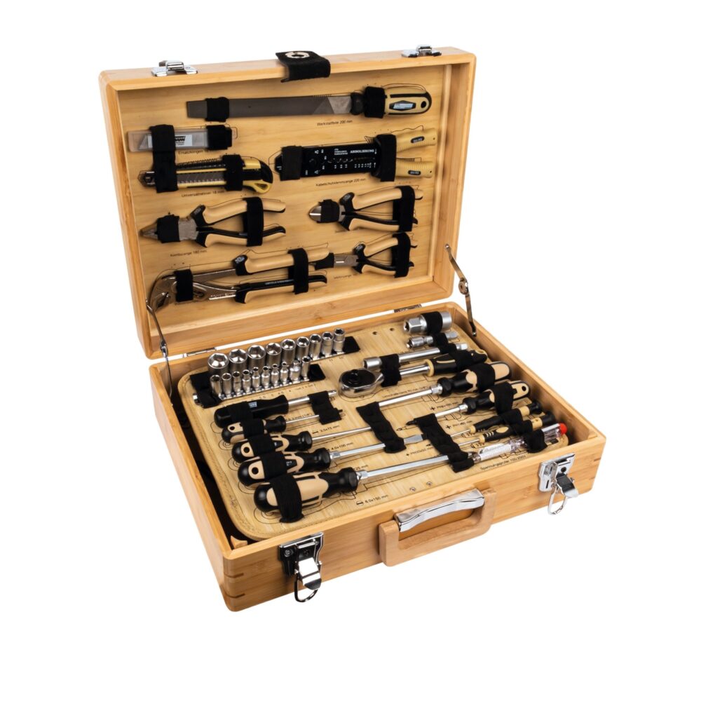 حقيبة أدوات من الخيزران ، مجهزة ، 108 قطعة.