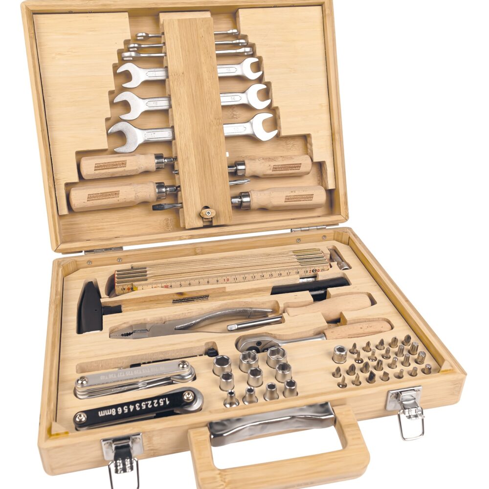 حقيبة أدوات من الخيزران ، مجهزة ، 75 قطعة.
