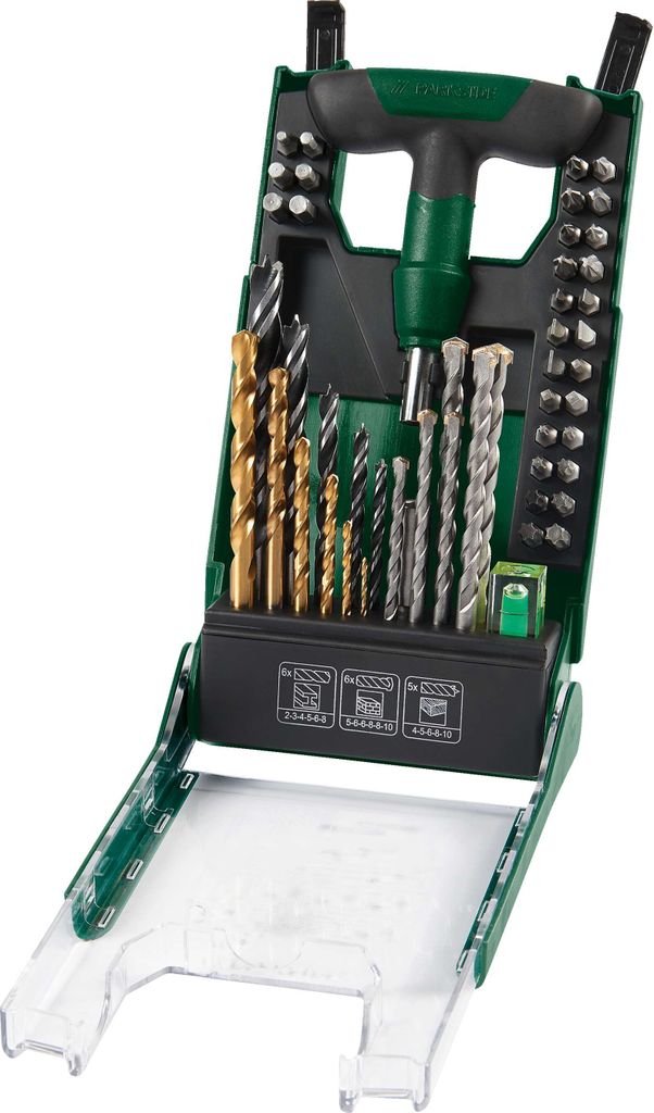 بارك سايد® بت / طقم ثقب PBBS 2 A 150 قطعة | مع حامل بت مغناطيسي | حامل البت بمقبض T | مستوى الروح المصغر