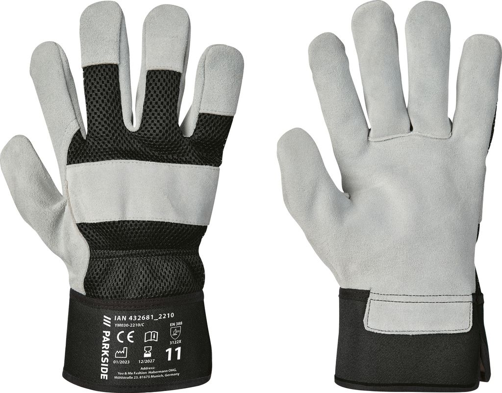 قفازات عمل بارك سايد® موديل D H ، أفضل جودة ، جلد ، أسود / رمادي فاتح ، مقاس 11 ، سوار مقوى للورشة والمنزل والحديقة.