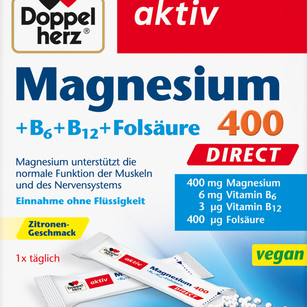 دوبلهيرز مغنيسيوم 400 + فيتامينات ب 6 + ب 12 + حبيبات حمض الفوليك مباشرة 20 قطعة ، 24 جرام مكمل غذائي