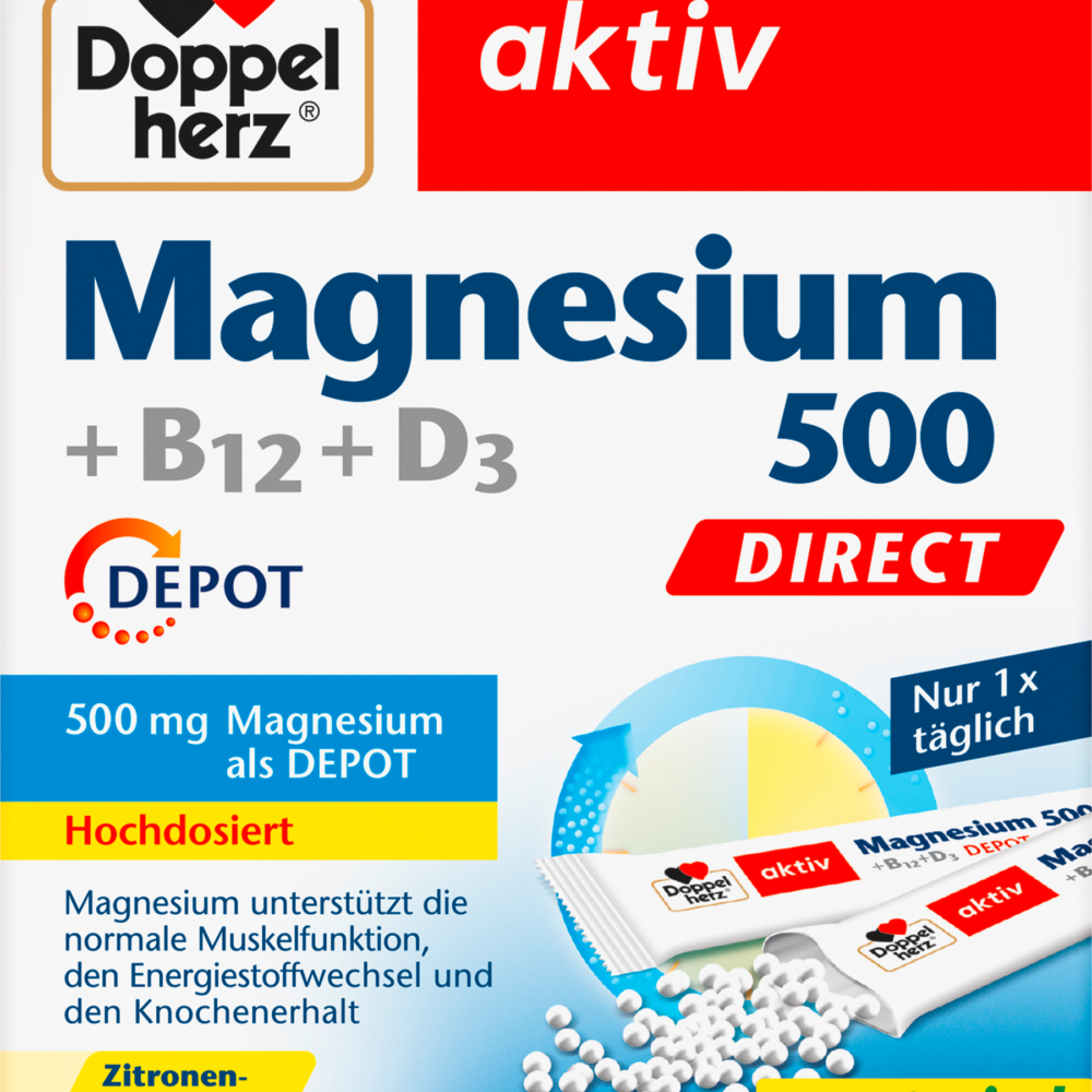 دوبلهيرز مغنيسيوم 500 + ب 12 + د3 حبيبات مباشرة 20 قطعة ، 32 جرام مكمل غذائي