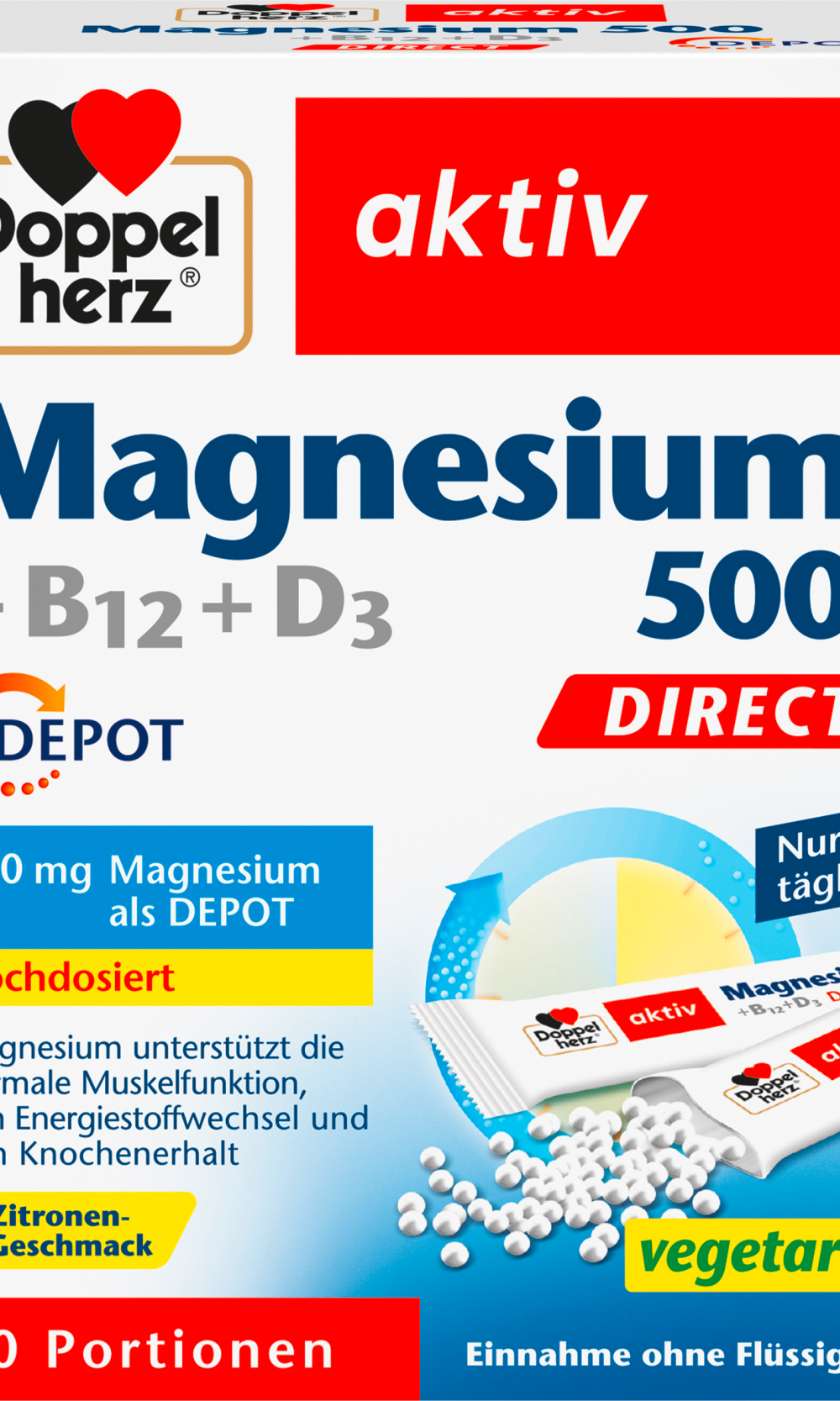 دوبلهيرز مغنيسيوم 500 + ب 12 + د3 حبيبات مباشرة 20 قطعة ، 32 جرام مكمل غذائي