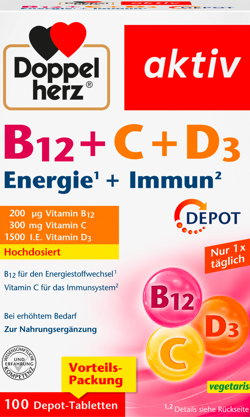 دوبلهيرز B12 + C + D3 الطاقة + أقراص المناعة 100 قطعة، 110 غراممكمل غذائي