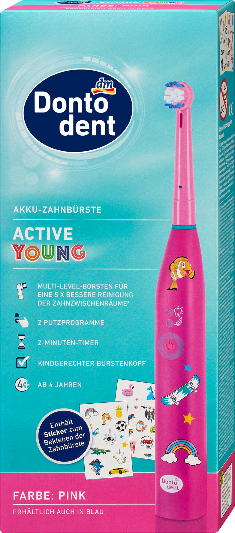 دونتودنت فرشاة أسنان كهربائية للأطفال أكتيف يونج وردي، 1 قطعة