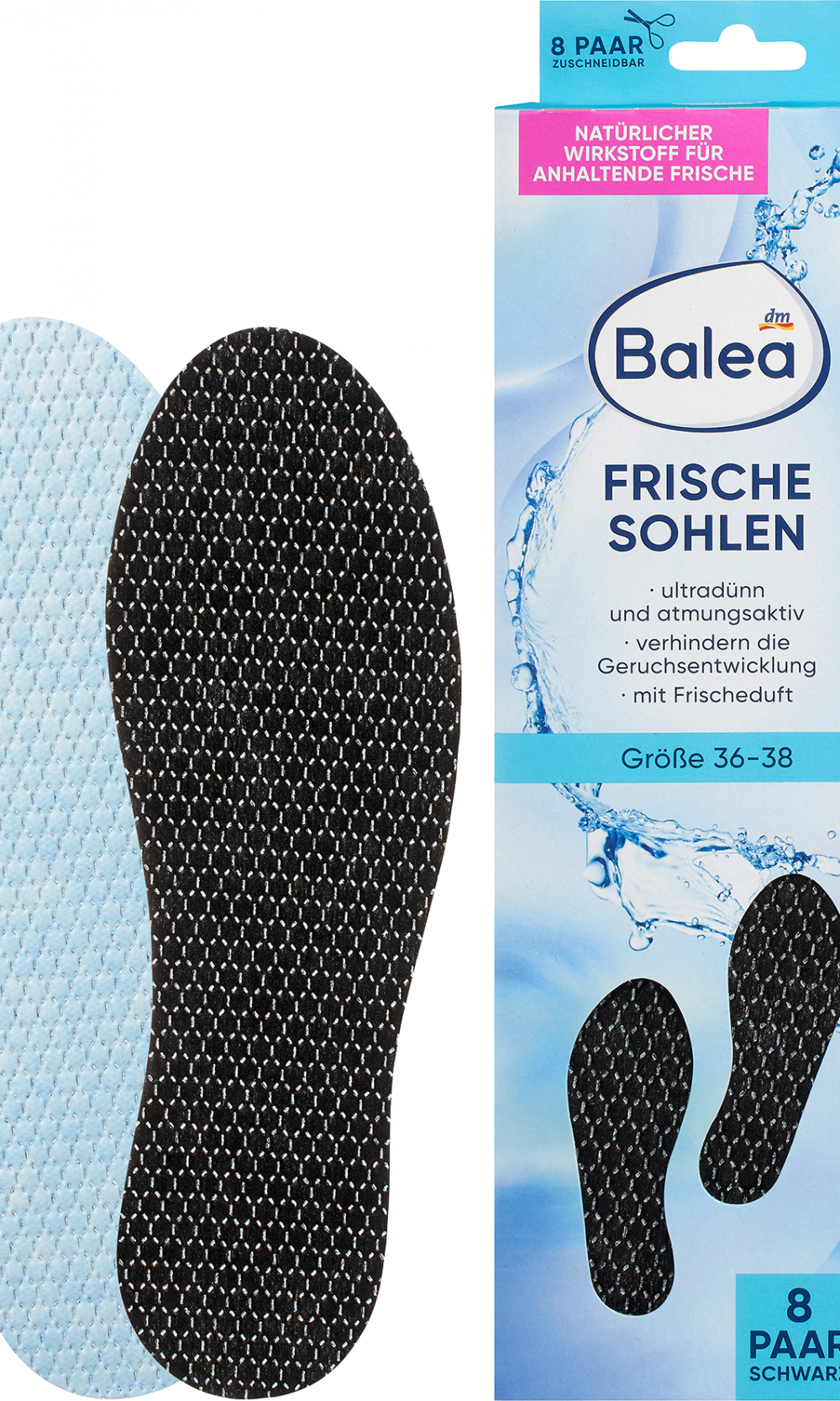 باليا نعال داخلية طازجة أسود، مقاس 36-38 (8 أزواج)، 16 قطعة