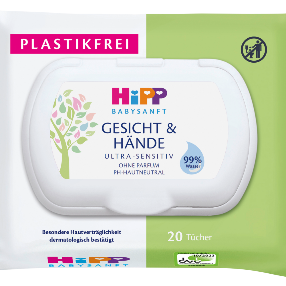 HiPP مناديل مبللة لطيفة للوجه واليدين ، 20 قطعة