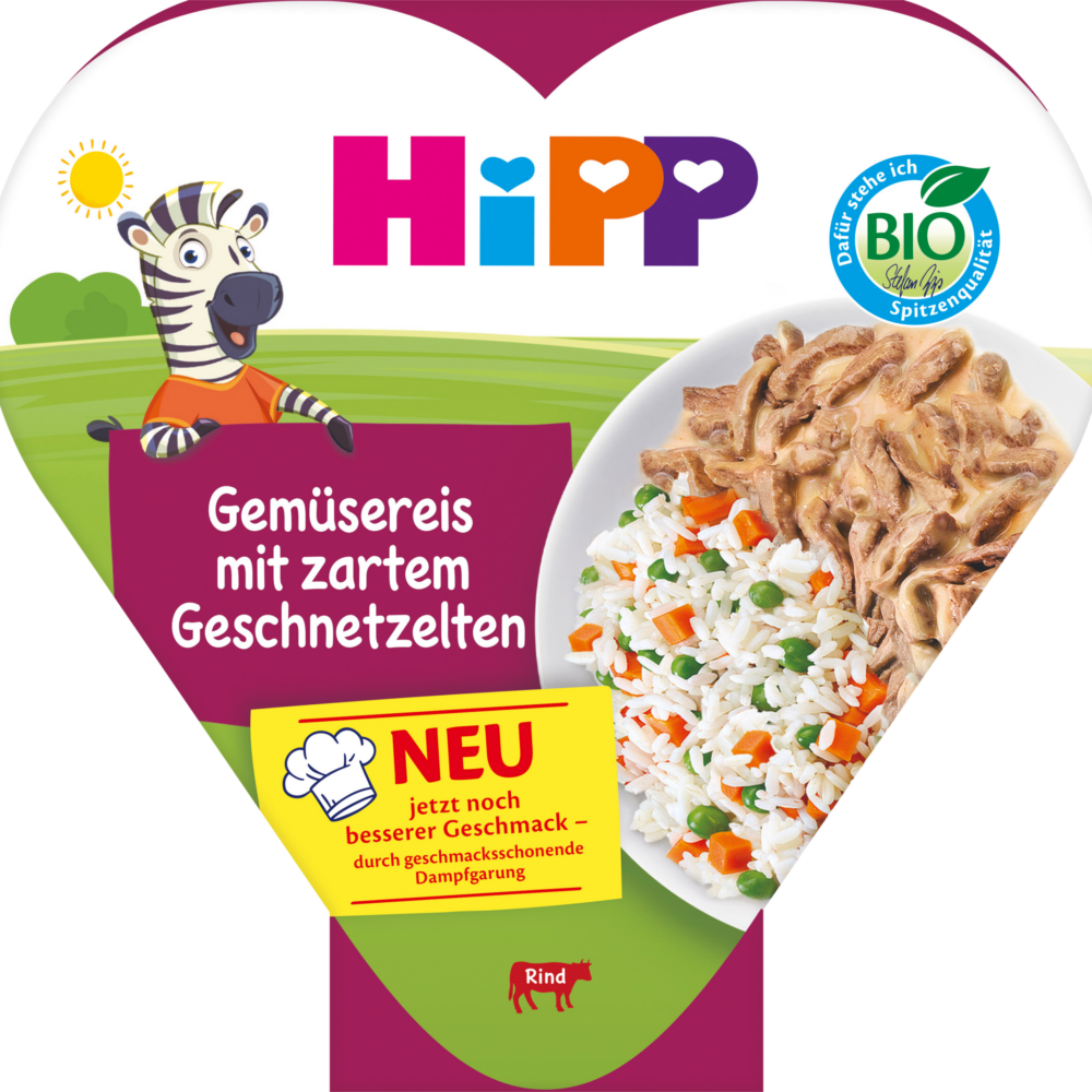 أرز نباتي بطبق أطفال HiPP مع شرائح طرية من 1 سنة، 250 جرام طعام تكميلي