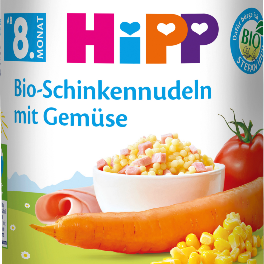 HiPP MEN ü نودلز لحم الخنزير مع الخضار من الشهر 8 ، 220 جرام طعام تكميلي