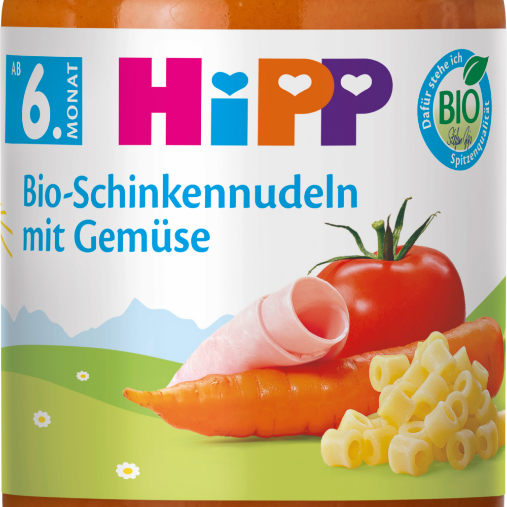 نودلز HiPP MEN ü لحم الخنزير مع الطماطم والجزر من الشهر السادس ، 190 جرام طعام تكميلي