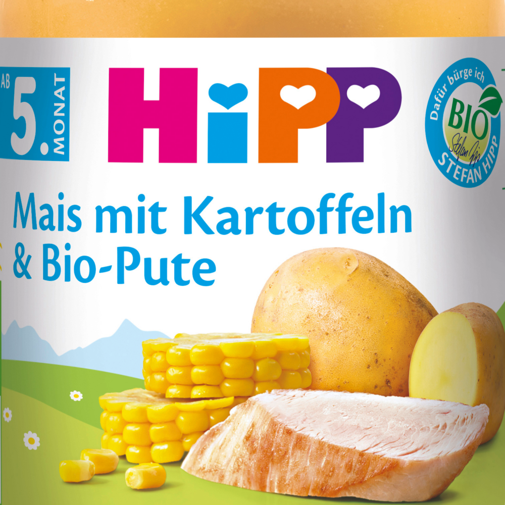 HiPP MEN - ذرة مع بطاطس مهروسة والديك الرومي من الشهر الخامس ، 190 جرام طعام تكميلي
