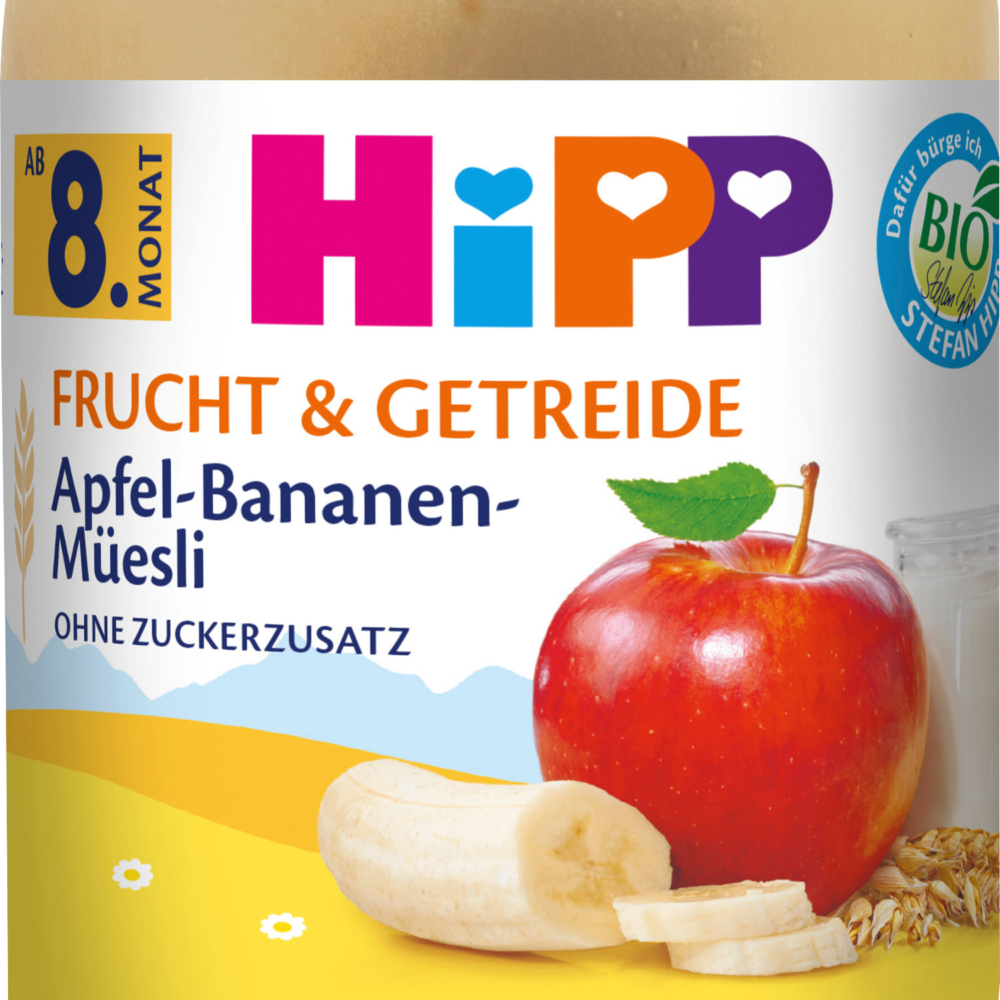 HiPP فواكه وحبوب التفاح والموز والموسلي ، من الشهر الثامن ، 190 جرام طعام تكميلي