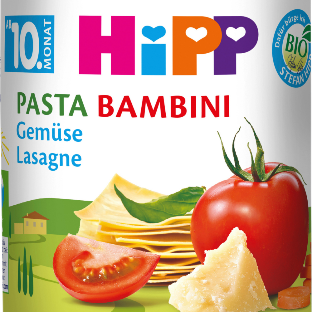 HiPP MEN ü باستا بامبيني لازانيا نباتية من الشهر العاشر، 220 جرام طعام تكميلي