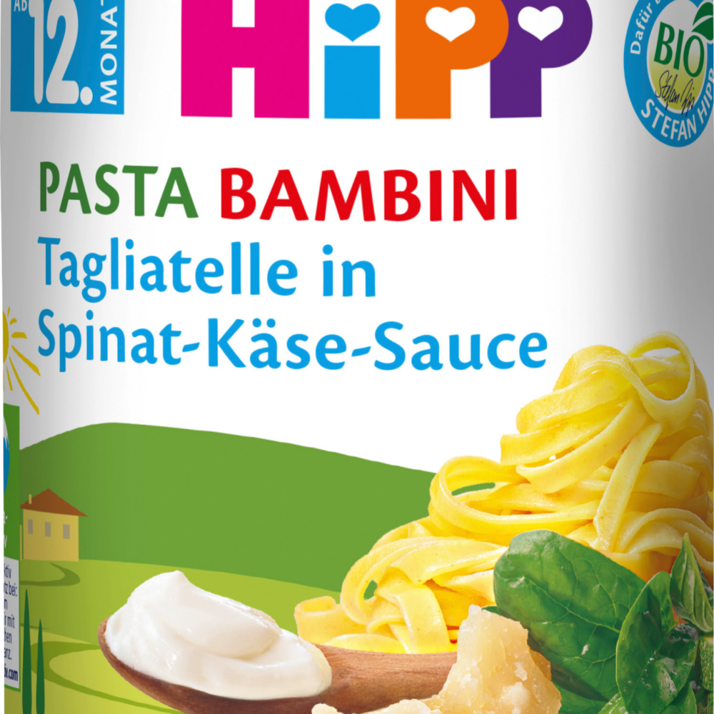 HiPP MEN ü باستا بامبيني تاجلياتيل في صلصة السبانخ والجبن من الشهر 12 ، 250 جرام طعام تكميلي