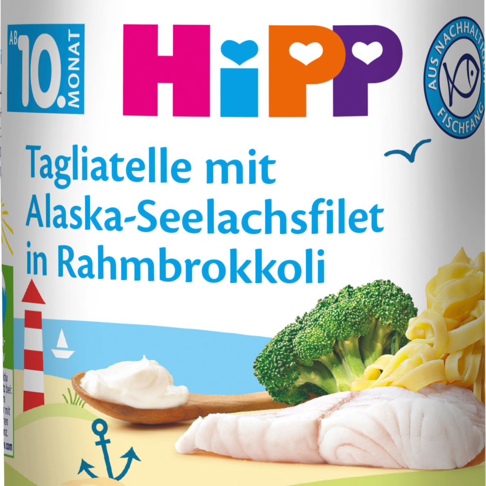 HiPP MEN ü Tagliatelle مع فيليه بولوك ألاسكا في البروكلي بالكريمة من الشهر العاشر ، 220 جرام طعام تكميلي