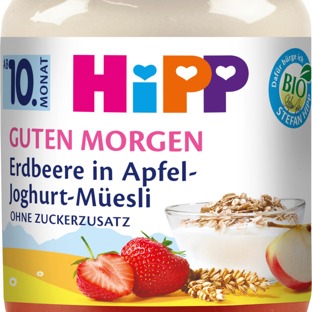 HiPP Fruit & Yoghurt Good Morning Strawberry in Apple Muesli من الشهر العاشر ، 160 جرام طعام تكميلي