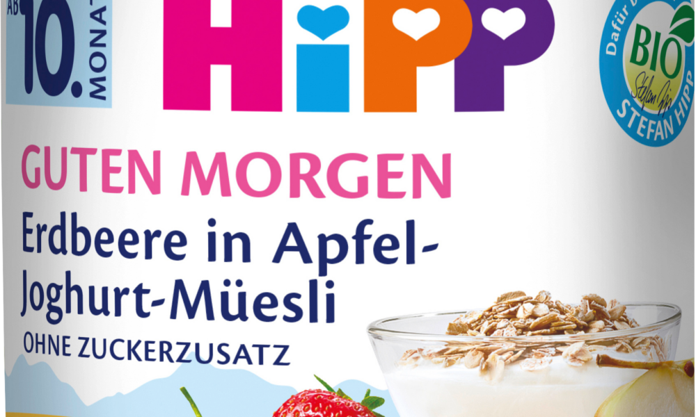 HiPP Fruit & Yoghurt Good Morning Strawberry in Apple Muesli من الشهر العاشر ، 160 جرام طعام تكميلي