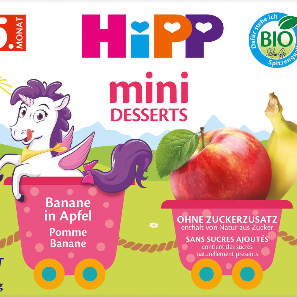 HiPP Fruits Mini Desserts موز بالتفاح ، من الشهر الخامس (4 × 100 جم) ، 0.4 كجم طعام تكميلي