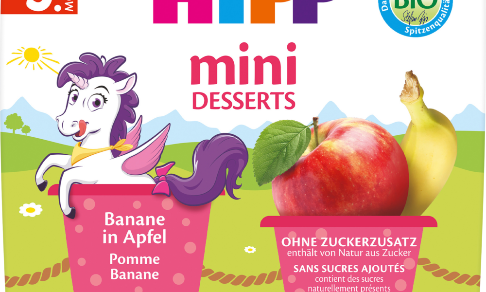 HiPP Fruits Mini Desserts موز بالتفاح ، من الشهر الخامس (4 × 100 جم) ، 0.4 كجم طعام تكميلي