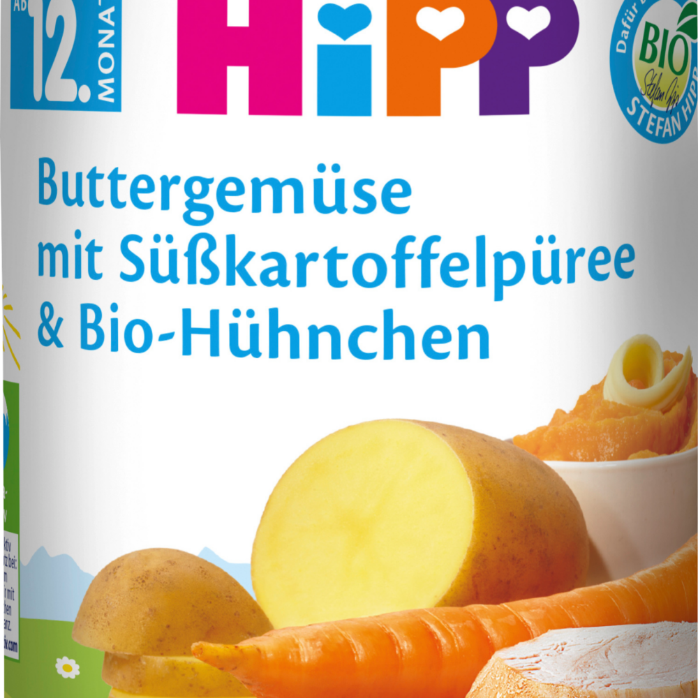 HiPP MEN ü خضروات بالزبدة مع البطاطا الحلوة المهروسة والدجاج من الشهر 12 ، 250 جرام طعام تكميلي