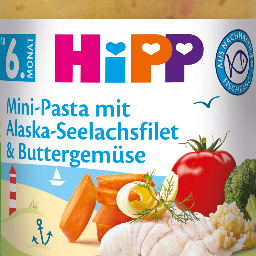 HiPP MEN ü ميني باستا مع ألاسكا بولوك فيليه وخضروات بالزبدة من الشهر 6 ، 190 جرام طعام تكميلي