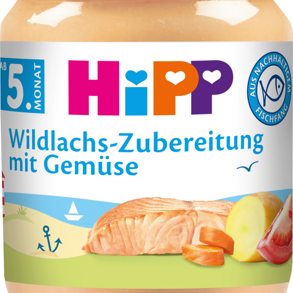 HiPP MEN ü تحضير السلمون البري بالخضروات من الشهر الخامس ، 125 جرام طعام تكميلي