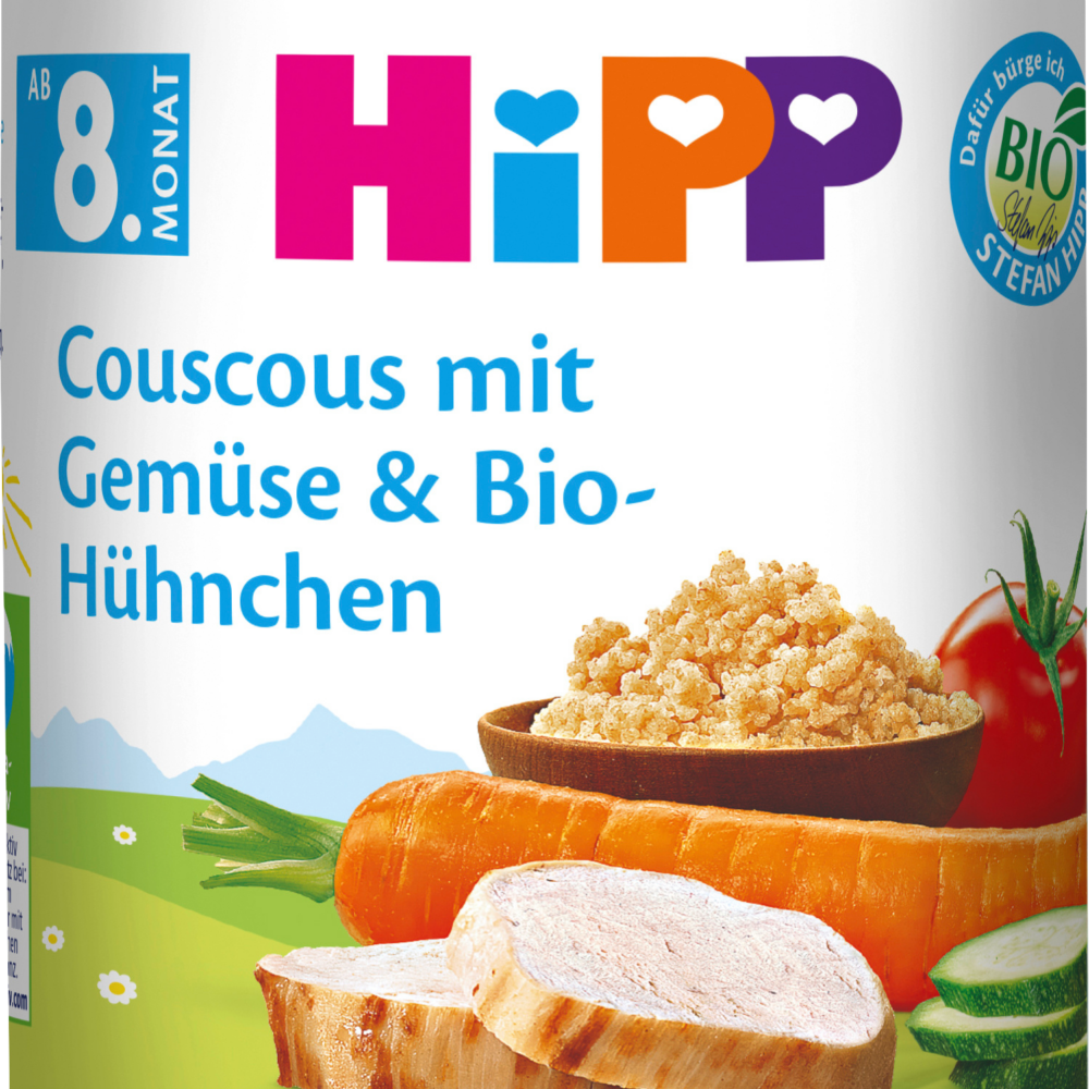 HiPP MEN ü كسكس بالخضار والدجاج من الشهر الثامن ، 220 جرام طعام تكميلي