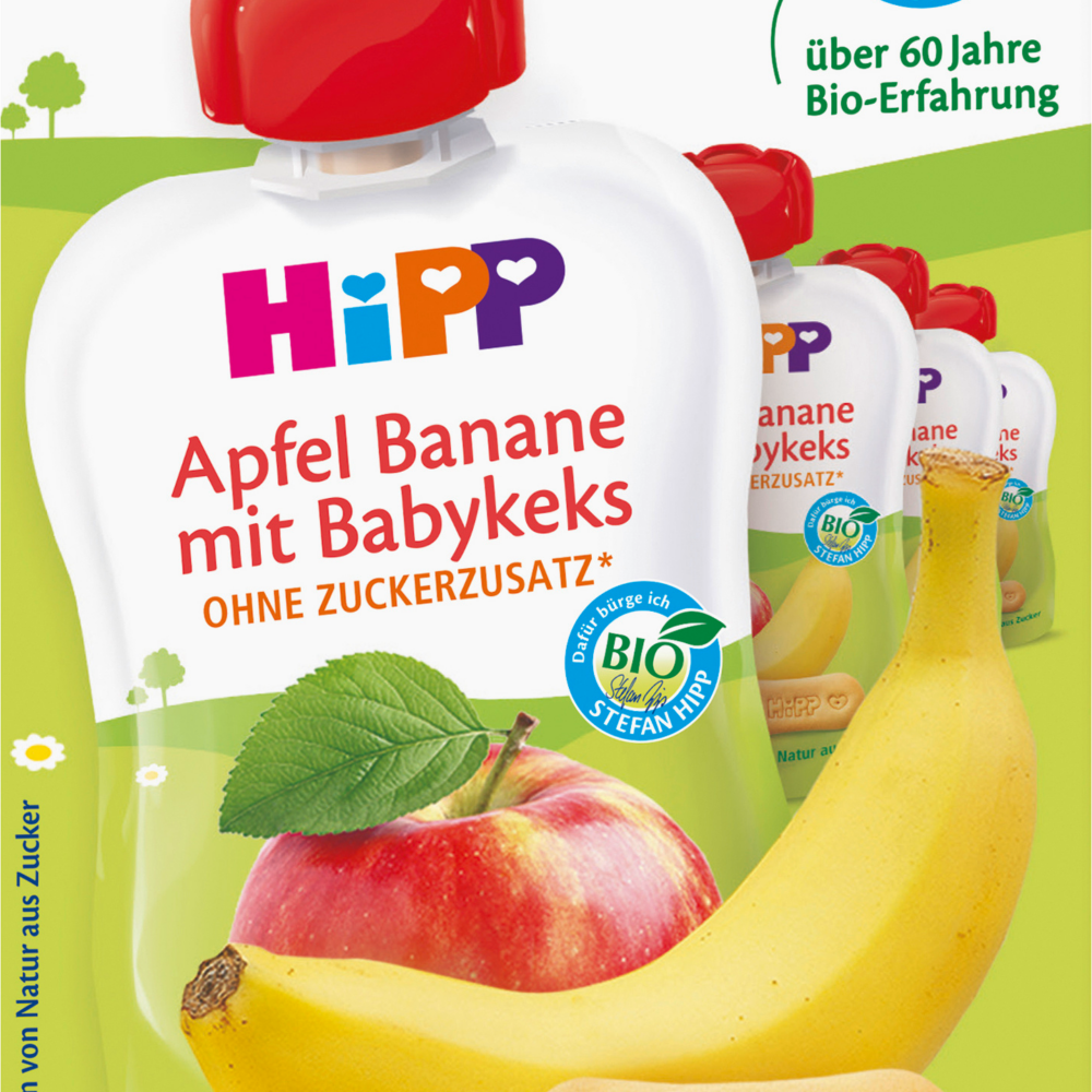 HiPP Quetschie بسكويت التفاح والموز والأطفال بعد الشهر الرابع (4 × 90 جم) ، 360 جرام طعام تكميلي