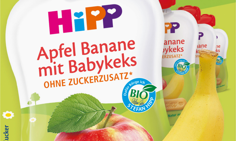 HiPP Quetschie بسكويت التفاح والموز والأطفال بعد الشهر الرابع (4 × 90 جم) ، 360 جرام طعام تكميلي