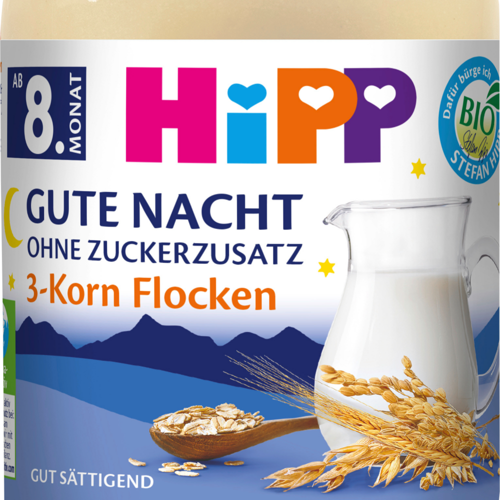 عصيدة HiPP Evening Porridge ليلة سعيدة من 3 رقائق حبوب من الشهر الثامن ، 190 جرام طعام تكميلي