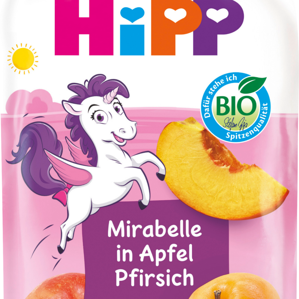 HiPP Squeeze Mirabelle في التفاح والخوخ من 1 سنة ، 100 جرام طعام تكميلي