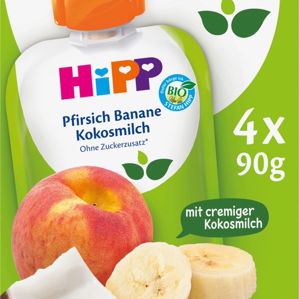 HiPP Quetschie خوخ وموز مع حليب جوز الهند ، من 6 أشهر (4 × 90 جم) ، 360 جرام طعام تكميلي