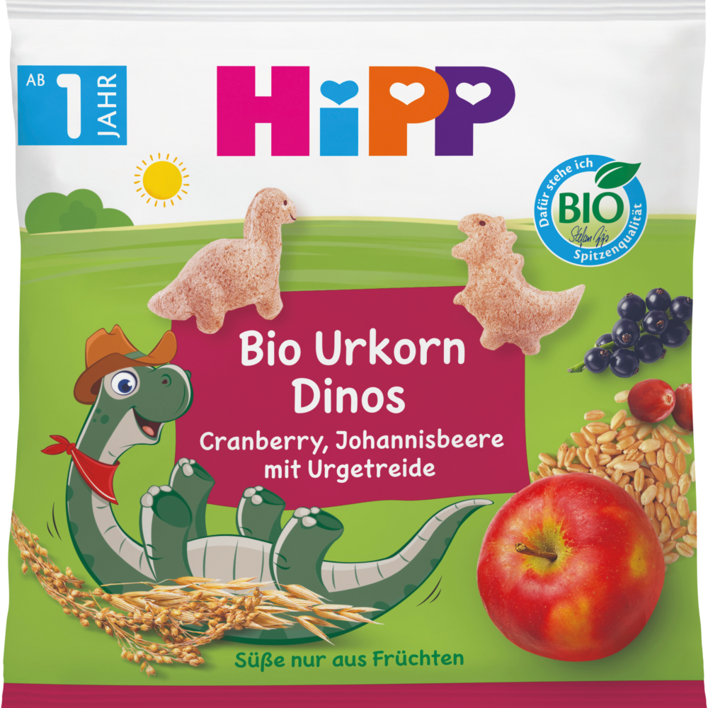 HiPP Snack للأطفال ديناصورات الحبوب القديمة التوت البري ، الكشمش ، الحبوب القديمة من 1 سنة ، 30 جرام طعام تكميلي