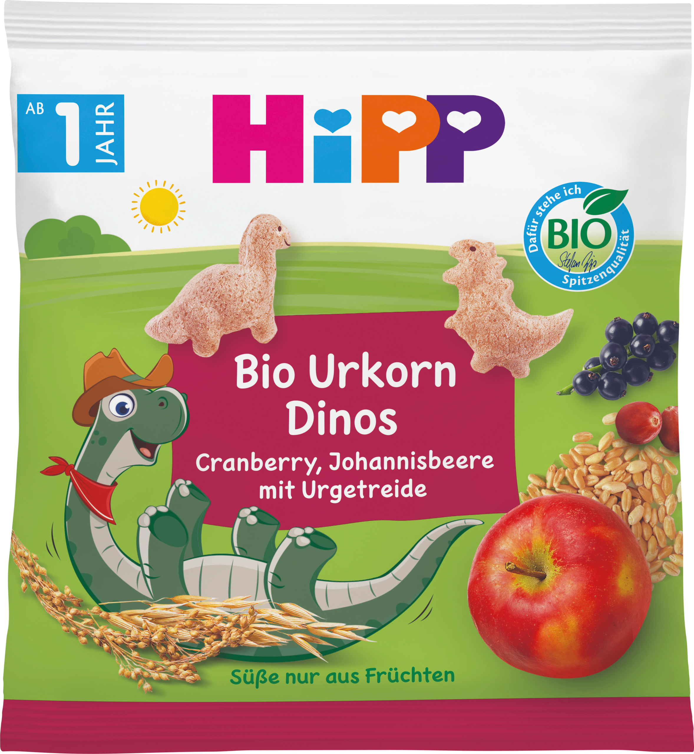 HiPP Snack للأطفال ديناصورات الحبوب القديمة التوت البري ، الكشمش ، الحبوب القديمة من 1 سنة ، 30 جرام طعام تكميلي