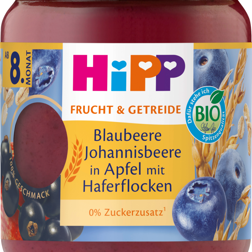 HiPP Fruit & Cereals كشمش التوت الأزرق في التفاح مع دقيق الشوفان من الشهر الثامن ، 160 جرام طعام تكميلي