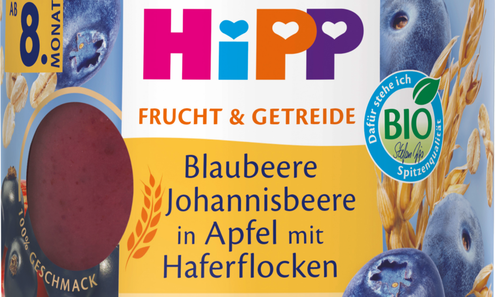 HiPP Fruit & Cereals كشمش التوت الأزرق في التفاح مع دقيق الشوفان من الشهر الثامن ، 160 جرام طعام تكميلي