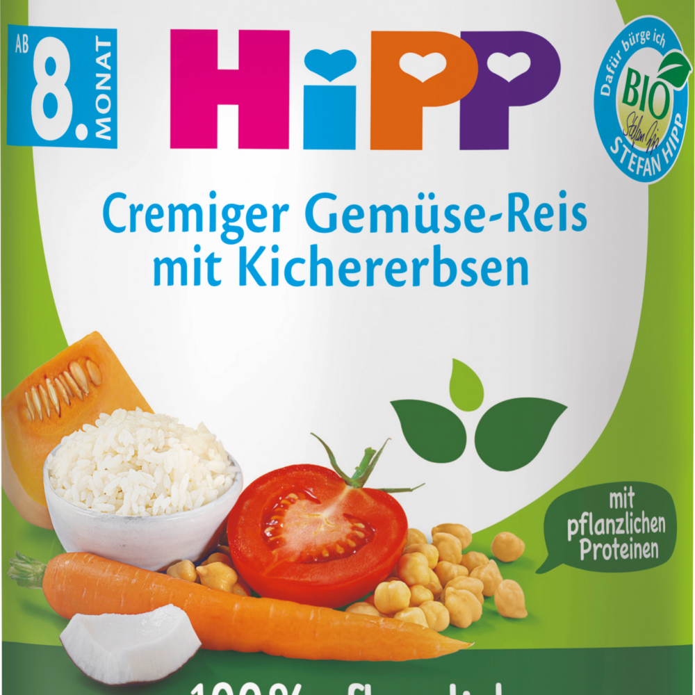 HiPP MEN ü أرز نباتي كريمي مع حمص من 8 أشهر نباتي ، 220 جرام طعام تكميلي
