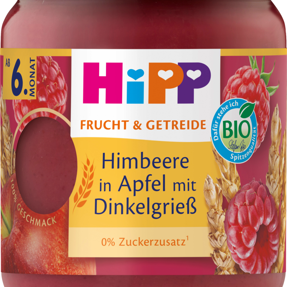 HiPP Fruit & Grain Raspberry في التفاح مع سميد الحنطة من الشهر السادس ، 160 جرام طعام تكميلي