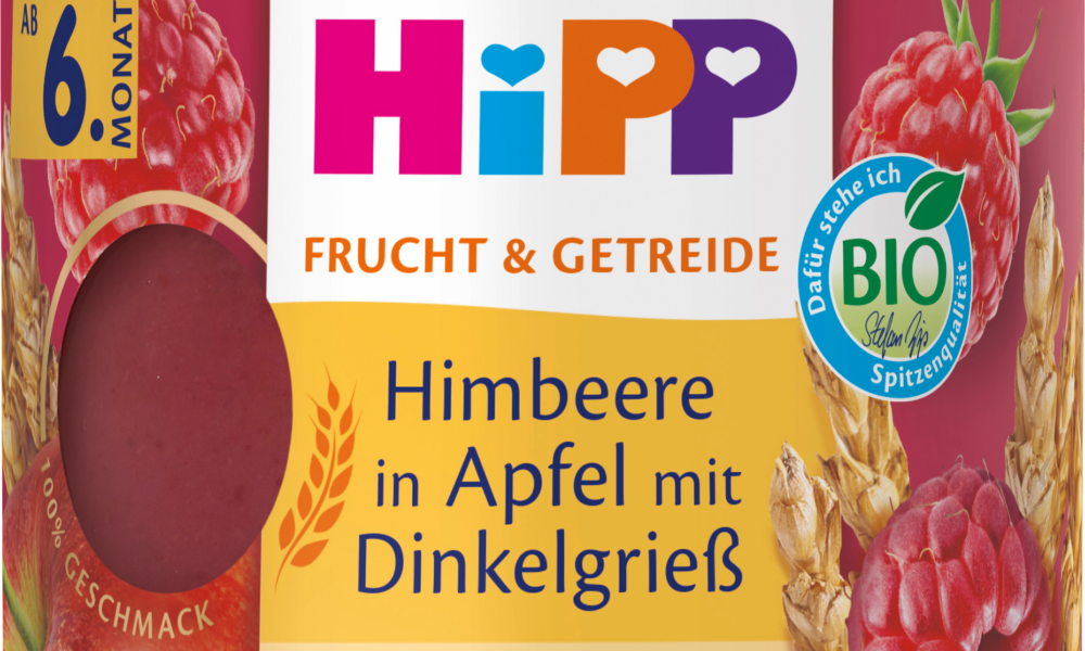 HiPP Fruit & Grain Raspberry في التفاح مع سميد الحنطة من الشهر السادس ، 160 جرام طعام تكميلي