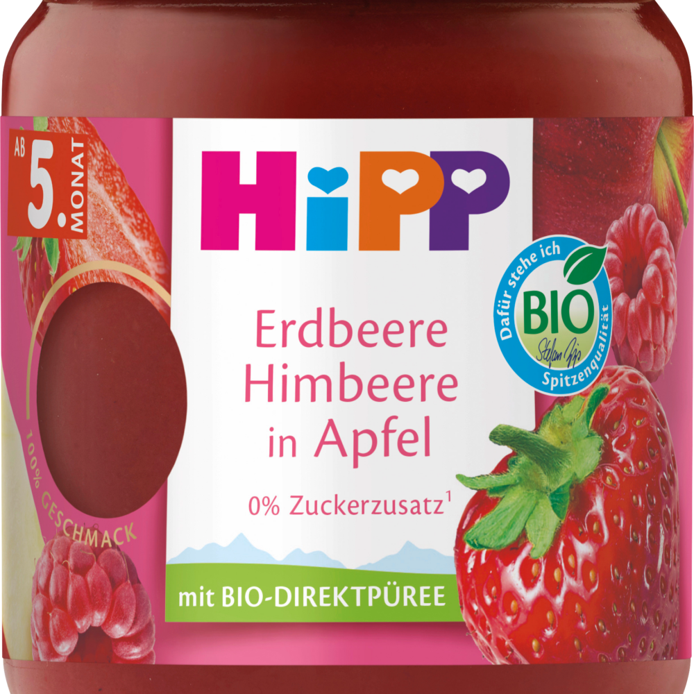 HiPP فواكه الفراولة وتوت العليق في التفاح من الشهر الخامس ، 160 جرام طعام تكميلي