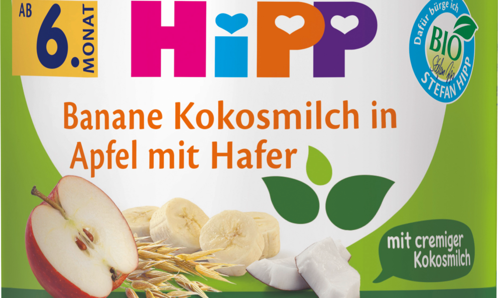 HiPP Fruit & Cereals حليب جوز الهند الموز في التفاح مع الشوفان من الشهر 6 ، 160 جرام طعام تكميلي
