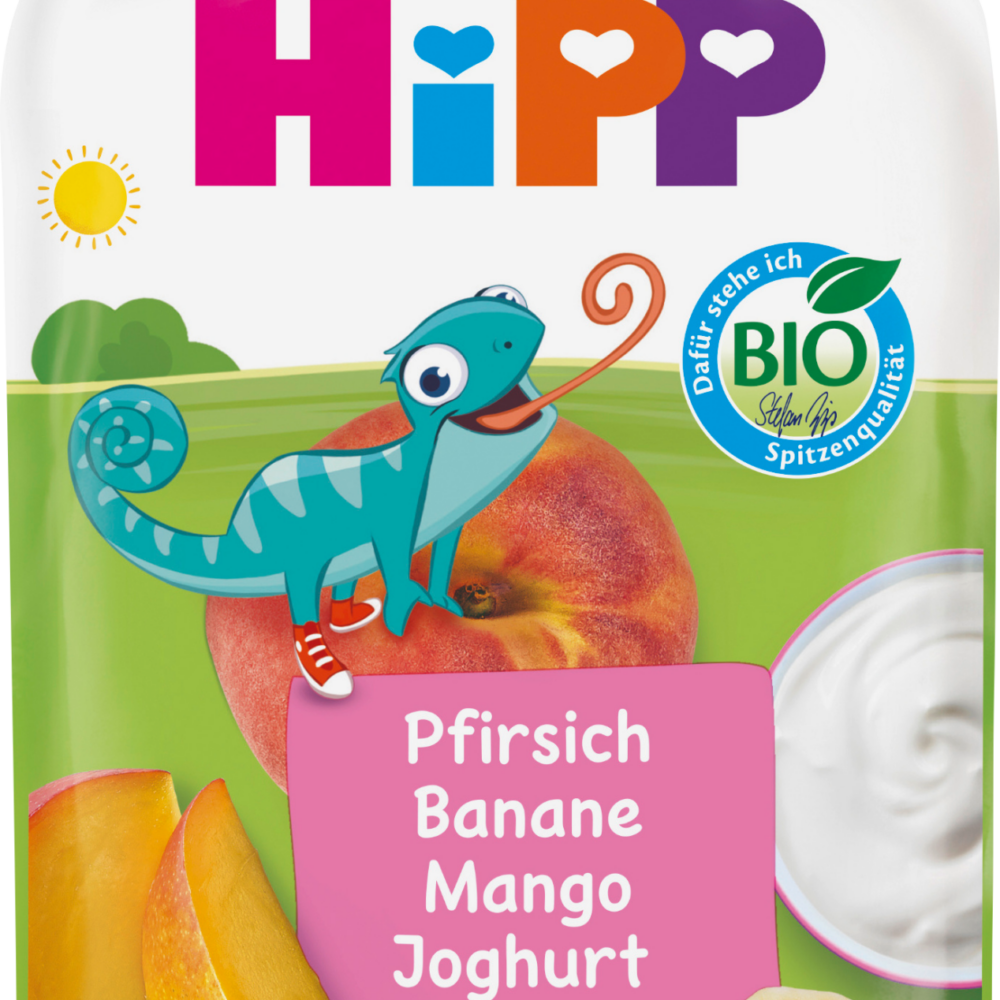 HiPP Quetschie الخوخ والموز والمانجو مع الزبادي، من 1 سنة، 100 جرام طعام تكميلي