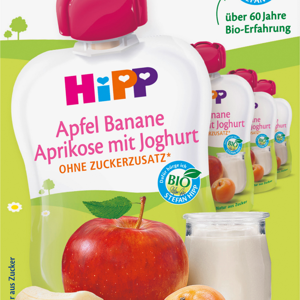 HiPP Quetschie مشمش التفاح والموز مع الزبادي ، من 6 شهر (4 × 90 جم) ، 360 جرام طعام تكميلي