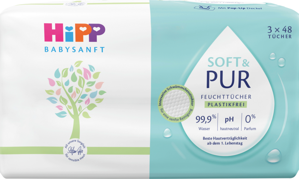 HiPP Babysanft مناديل مبللة ناعمة وريف 3 × 48 قطعة ، 144 قطعة.