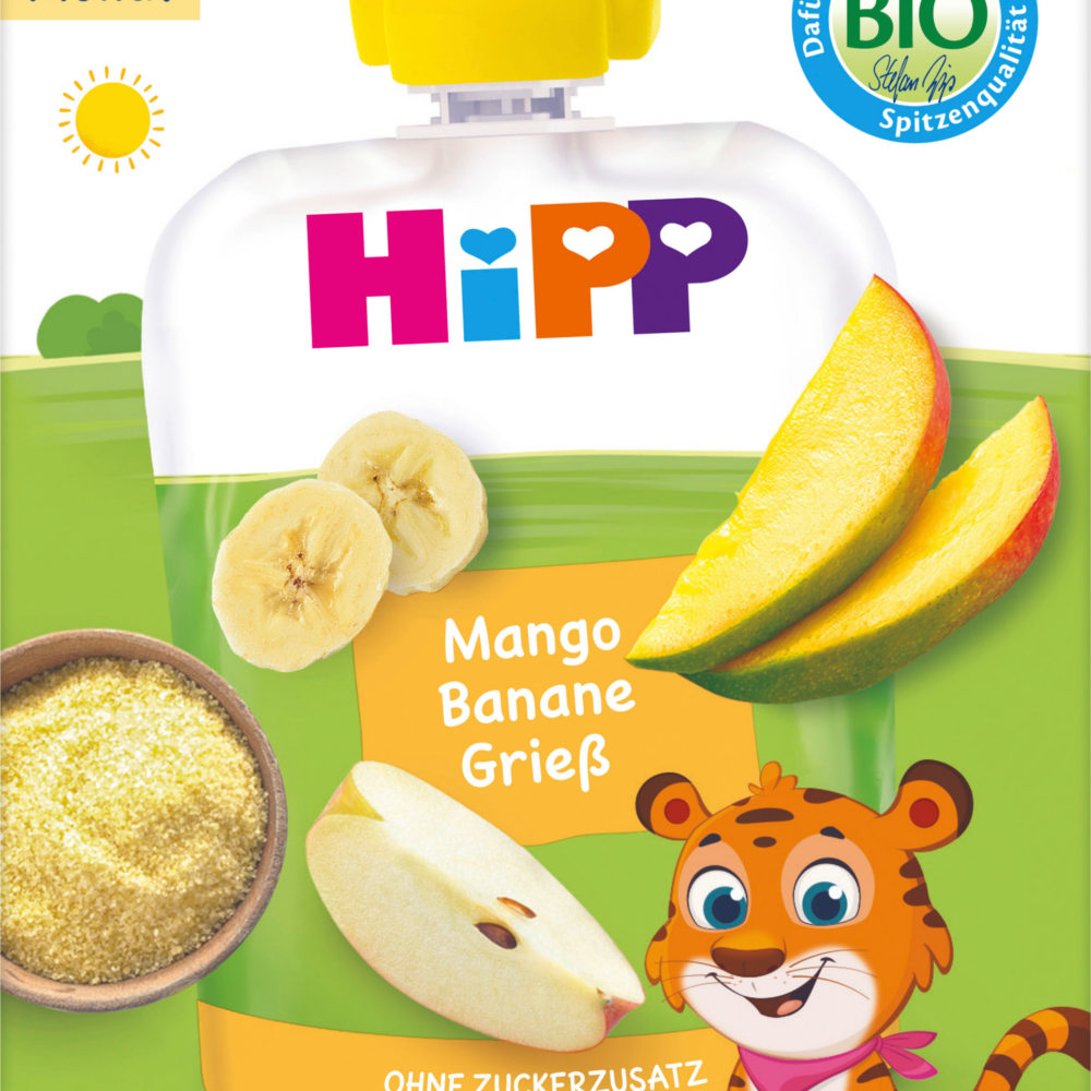 HiPP Quetschies سميد موز مانجو متعدد المانجو ، من 6 شهر (4 × 90 جم) ، 360 جرام طعام تكميلي