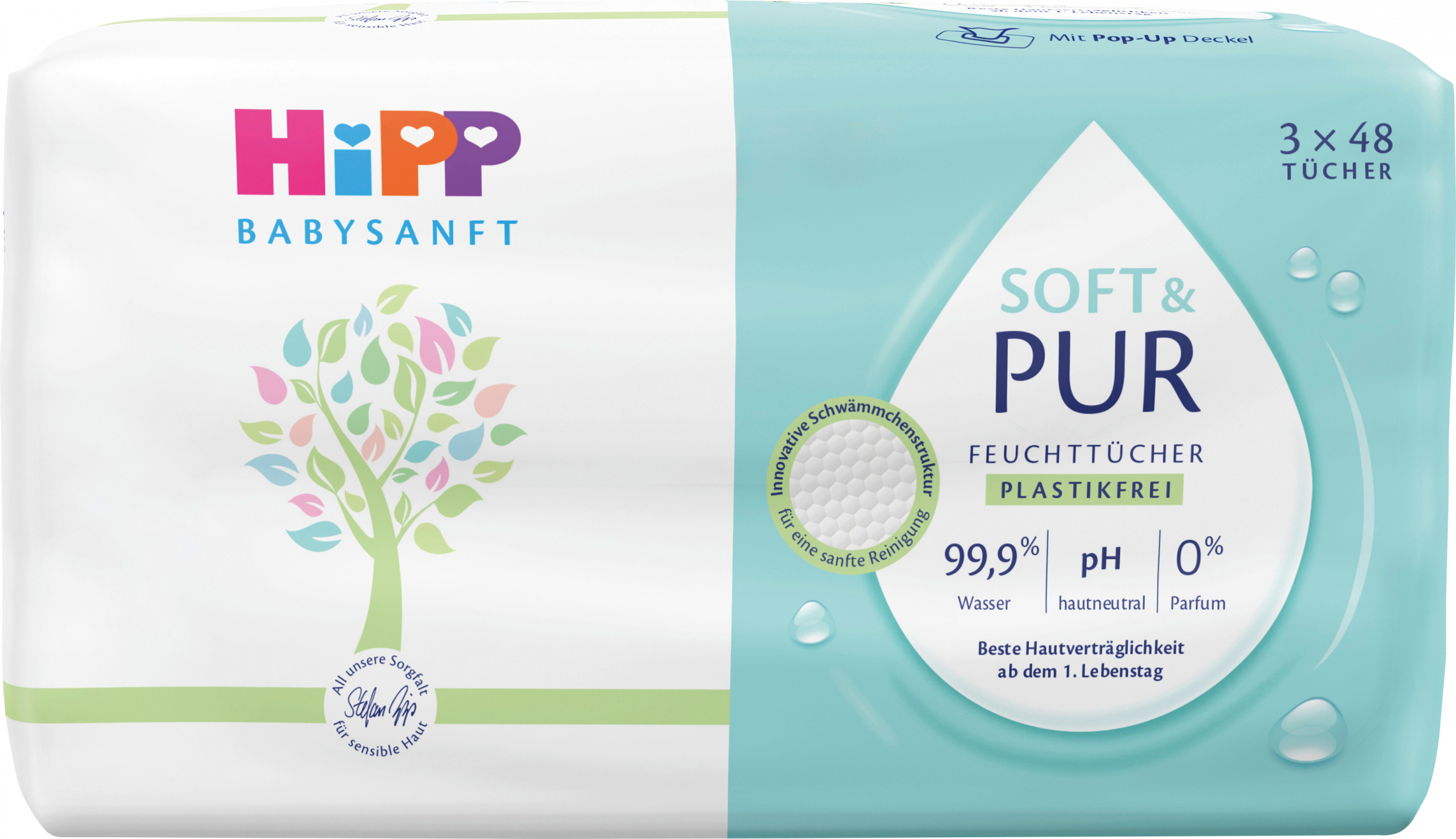 HiPP مناديل مبللة ناعمة ونقية للأطفال 3 × 48 قطعة ، 144 قطعة
